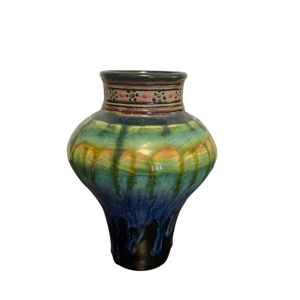 Miles Stearn Vintage Signed Studio Pottery Drip Glaze Vase Blue Green Floral